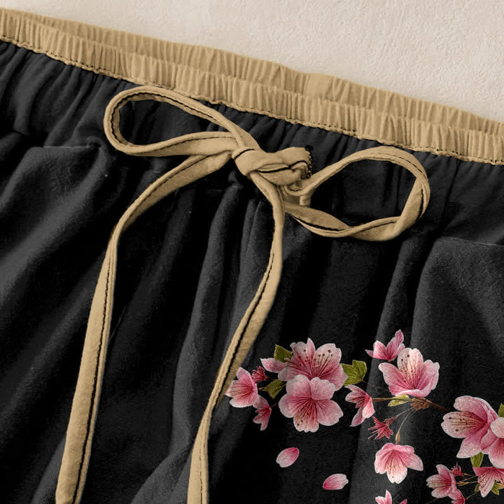 Buddha Stones Pure Cotton Pink Blossom Pattern Women's Elastic Waist Pants With Pockets - image 1
