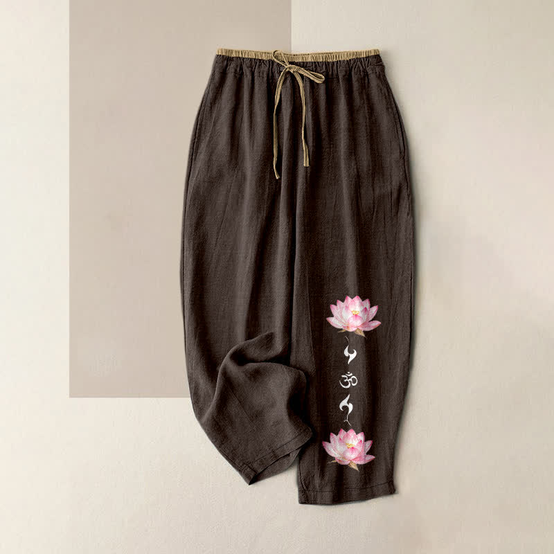Buddha Stones Pure Cotton Pink Lotus OM Zen Pattern Women's Elastic Waist Pants With Pockets - SaddleBrown - US16，UK/AU20，EU48 (3XL) - image 8