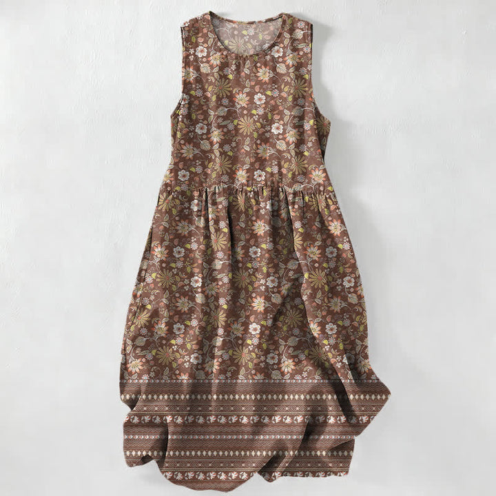 Buddha Stones Summer Casual Vintage Floral Leaves Stripe Pattern Women's Summer Sleeveless Midi Dress With Pockets - Sienna - US16，UK/AU20，EU48 (3XL) - image 4