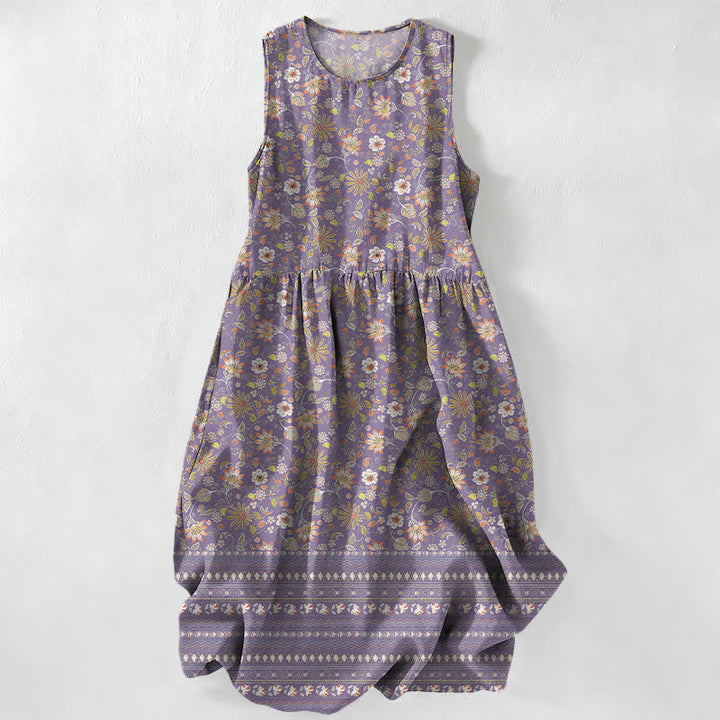 Buddha Stones Summer Casual Vintage Floral Leaves Stripe Pattern Women's Summer Sleeveless Midi Dress With Pockets - MediumPurple - US16，UK/AU20，EU48 (3XL) - image 5