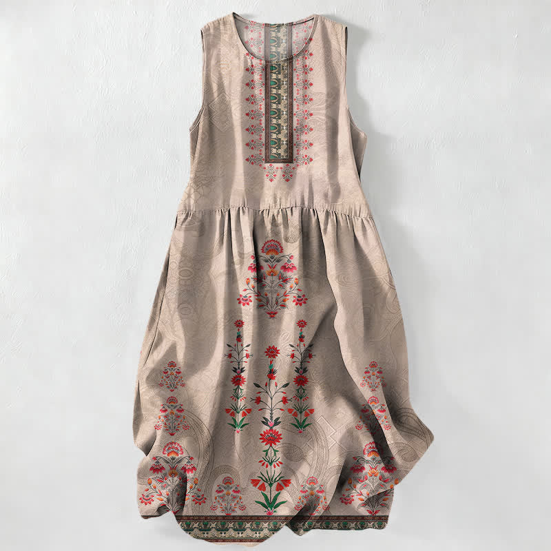 Buddha Stones Summer Casual Vintage Geometry Small Red Floral Pattern Women's Summer Sleeveless Midi Dress With Pockets - Tan - US16，UK/AU20，EU48 (3XL) - image 0