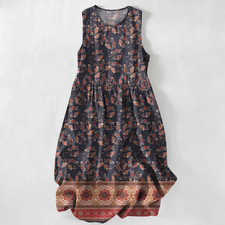 Buddha Stones Summer Casual Vintage Floral Border Pattern Women's Summer Sleeveless Midi Dress With Pockets - Black - US16，UK/AU20，EU48 (3XL) - image 0
