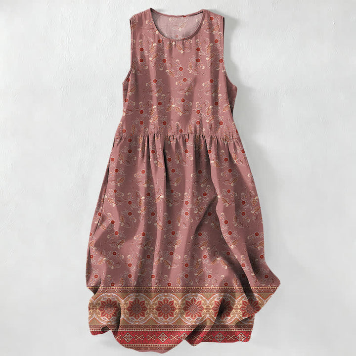 Buddha Stones Summer Casual Vintage Floral Border Pattern Women's Summer Sleeveless Midi Dress With Pockets - DarkSalmon - US16，UK/AU20，EU48 (3XL) - image 5