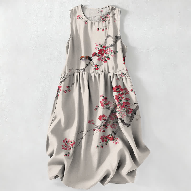 Buddha Stones Summer Casual Pink Blossom Branches Pattern Women's Summer Sleeveless Midi Dress With Pockets - Beige - US16，UK/AU20，EU48 (3XL) - image 0
