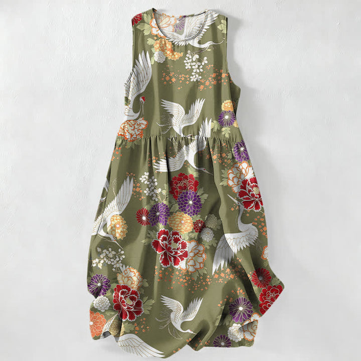 Buddha Stones Summer Casual Vintage Crane Floral Pattern Women's Summer Sleeveless Midi Dress With Pockets - OliveDrab - US16，UK/AU20，EU48 (3XL) - image 4