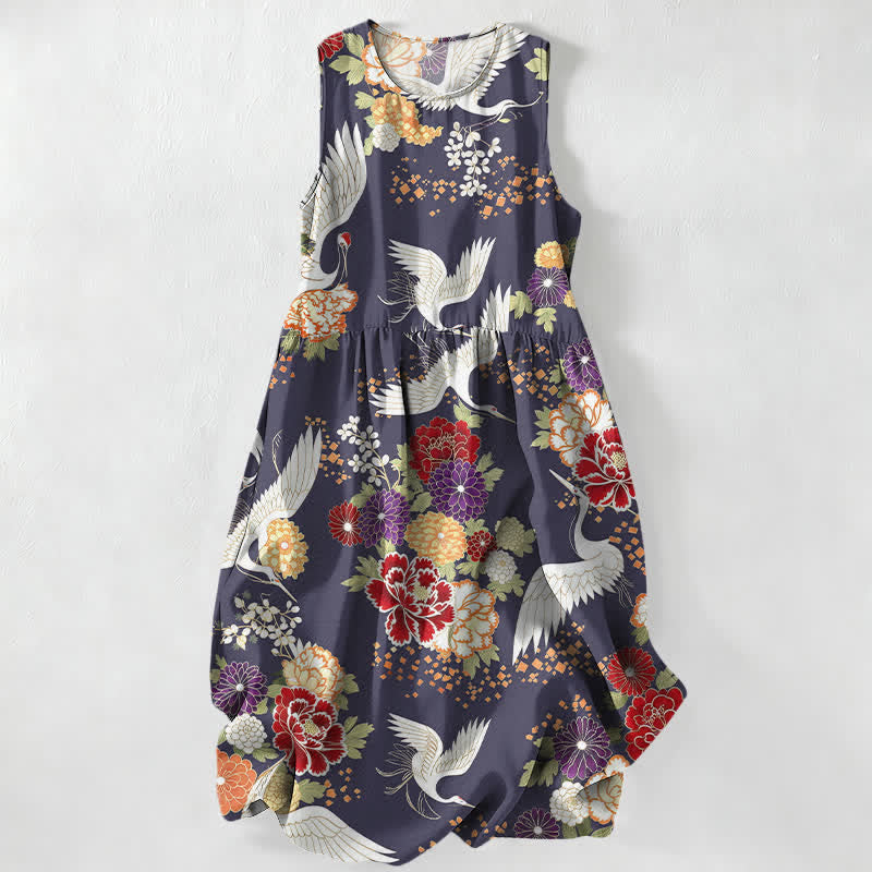 Buddha Stones Summer Casual Vintage Crane Floral Pattern Women's Summer Sleeveless Midi Dress With Pockets - DarkSlateBlue - US16，UK/AU20，EU48 (3XL) - image 5