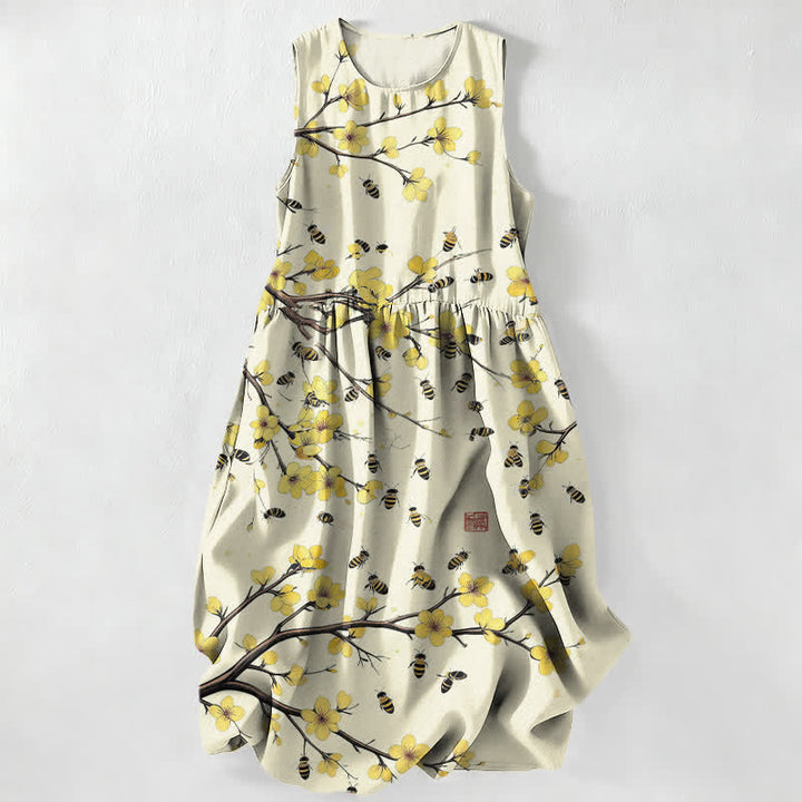 Buddha Stones Summer Casual Yellow Floral Branch Pattern Women's Summer Sleeveless Midi Dress With Pockets - Beige - US16，UK/AU20，EU48 (3XL) - image 0