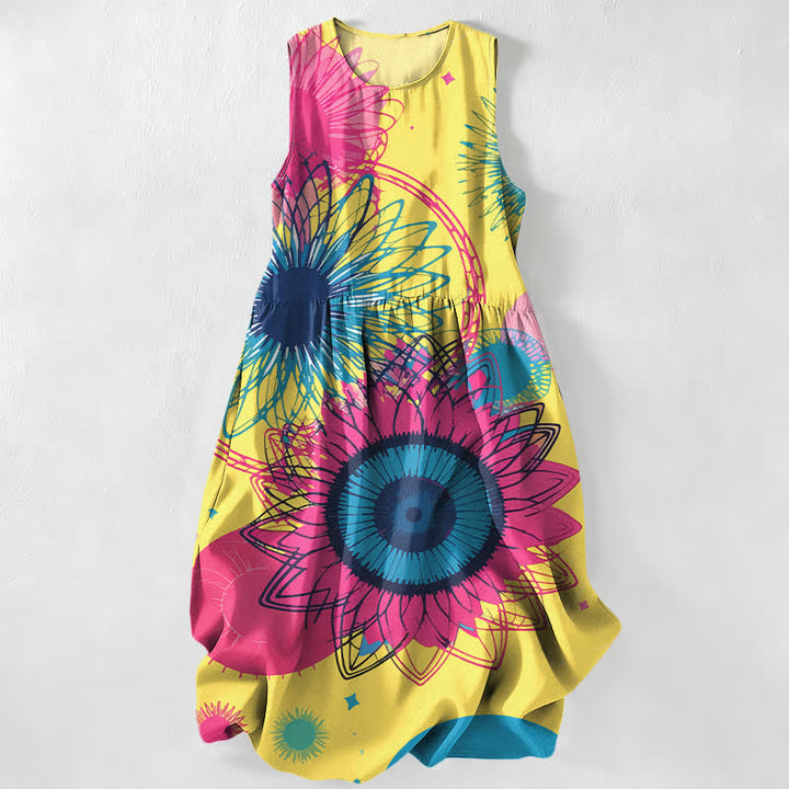 Buddha Stones Summer Casual Radiant Big Sunflowers Floral Burst Pattern Women's Summer Sleeveless Midi Dress With Pockets - Yellow - US16，UK/AU20，EU48 (3XL) - image 0