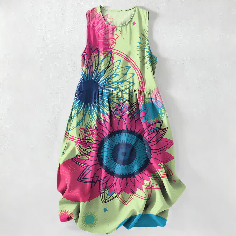 Buddha Stones Summer Casual Radiant Big Sunflowers Floral Burst Pattern Women's Summer Sleeveless Midi Dress With Pockets - PaleGreen - US16，UK/AU20，EU48 (3XL) - image 5