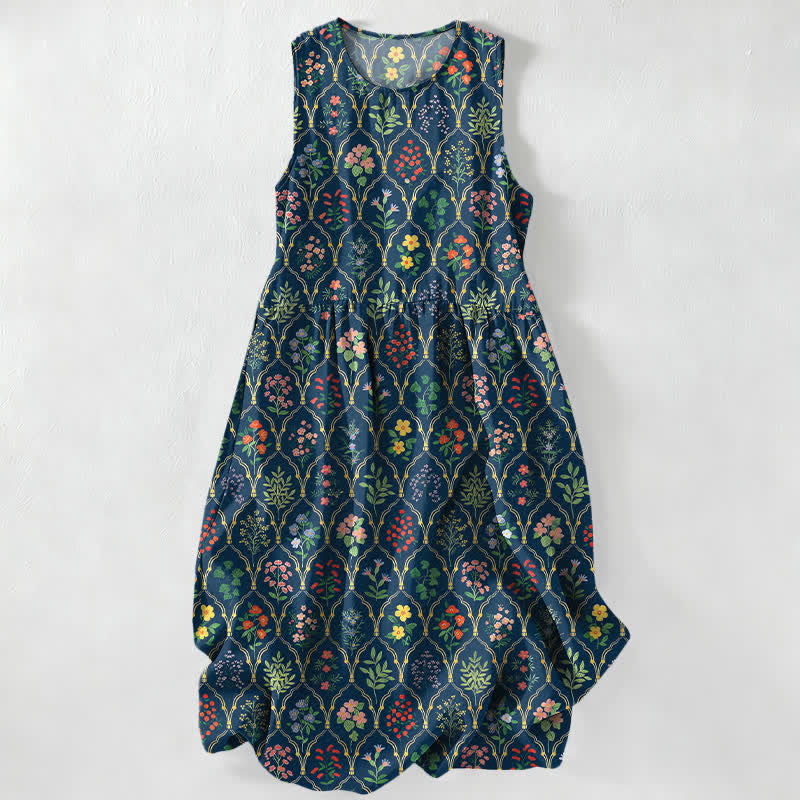 Buddha Stones Summer Casual Various Colorful Floral Vine Pattern Women's Summer Sleeveless Midi Dress With Pockets - MidnightBlue - US16，UK/AU20，EU48 (3XL) - image 0