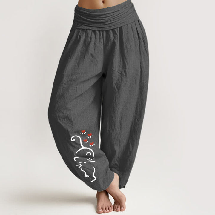 Buddha Stones Pure Cotton Cat Line Cartoon Pattern Women's Elastic Waist Harem Pants - DimGray - US16，UK/AU20，EU48 (3XL) - image 8