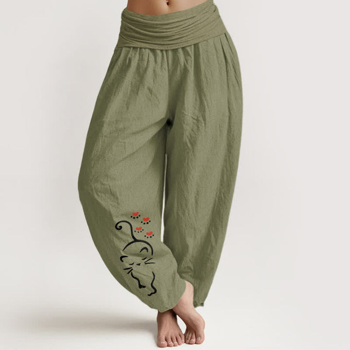Buddha Stones Pure Cotton Cat Line Cartoon Pattern Women's Elastic Waist Harem Pants - OliveDrab - US16，UK/AU20，EU48 (3XL) - image 14