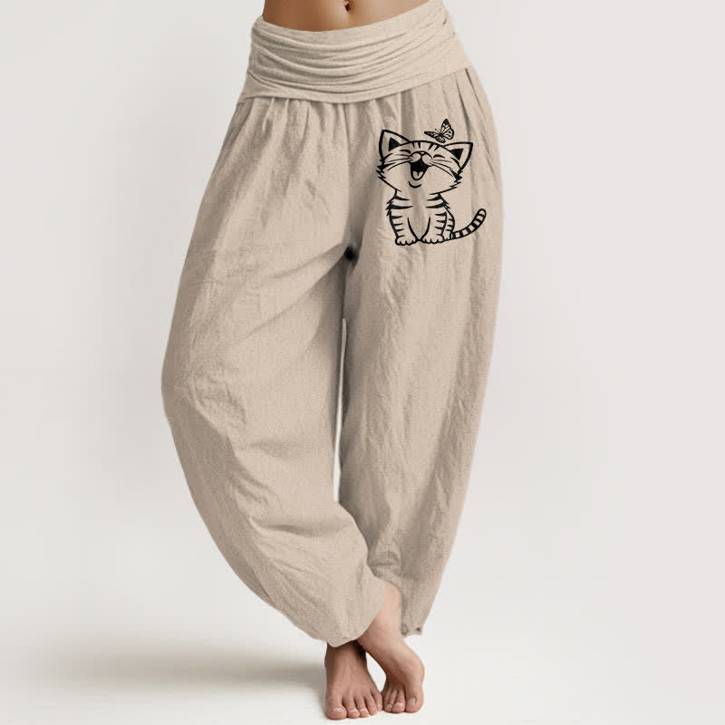 Buddha Stones Pure Cotton Cat Butterfly Pattern Women's Elastic Waist Harem Pants - Tan - US16，UK/AU20，EU48 (3XL) - image 14