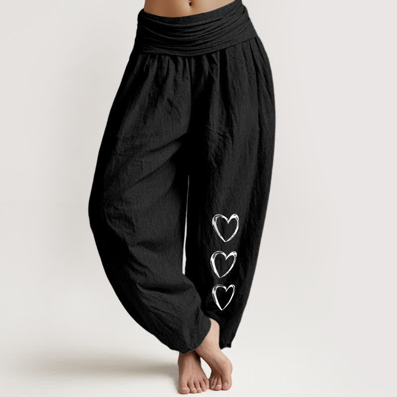 Buddha Stones Pure Cotton Three Love Heart Pattern Women's Elastic Waist Harem Pants - Black - US16，UK/AU20，EU48 (3XL) - image 0