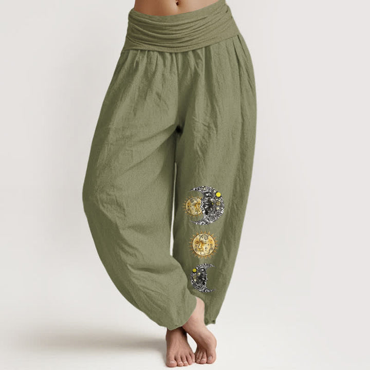 Buddha Stones Pure Cotton Sun and Moon Pattern Women's Elastic Waist Harem Pants - OliveDrab - US16，UK/AU20，EU48 (3XL) - image 11