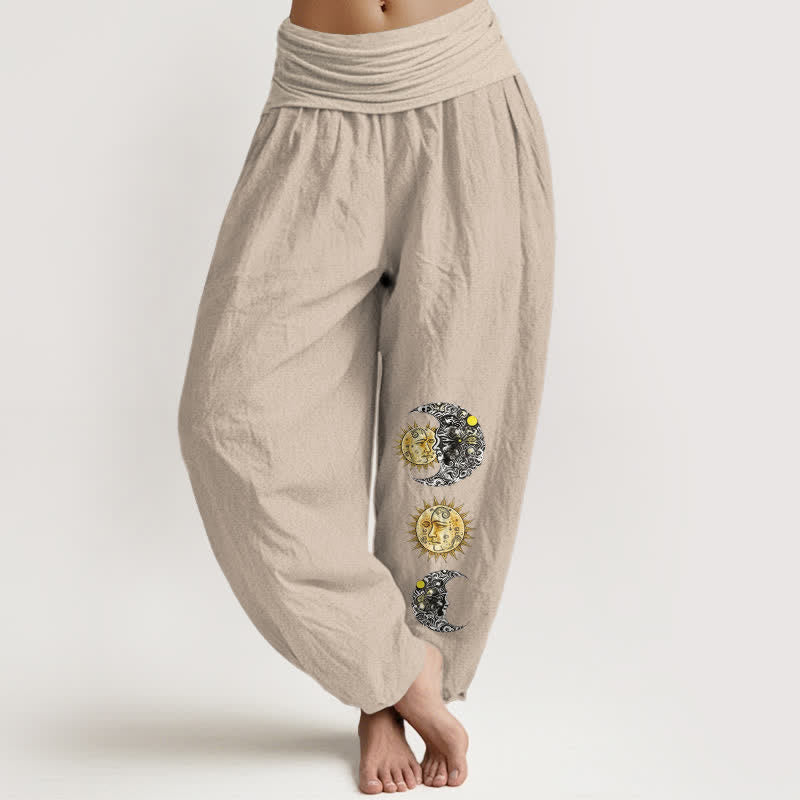 Buddha Stones Pure Cotton Sun and Moon Pattern Women's Elastic Waist Harem Pants - Tan - US16，UK/AU20，EU48 (3XL) - image 14