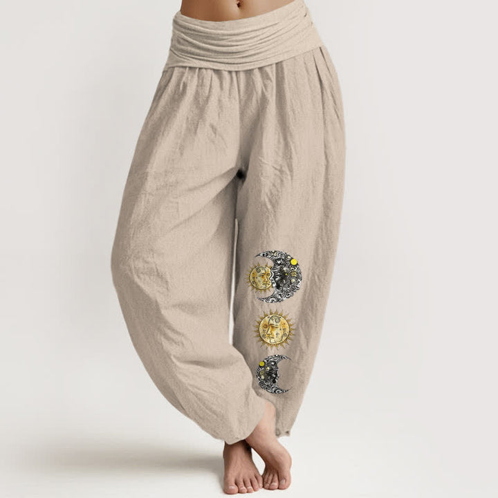 Buddha Stones Pure Cotton Sun and Moon Pattern Women's Elastic Waist Harem Pants - Tan - US16，UK/AU20，EU48 (3XL) - image 14