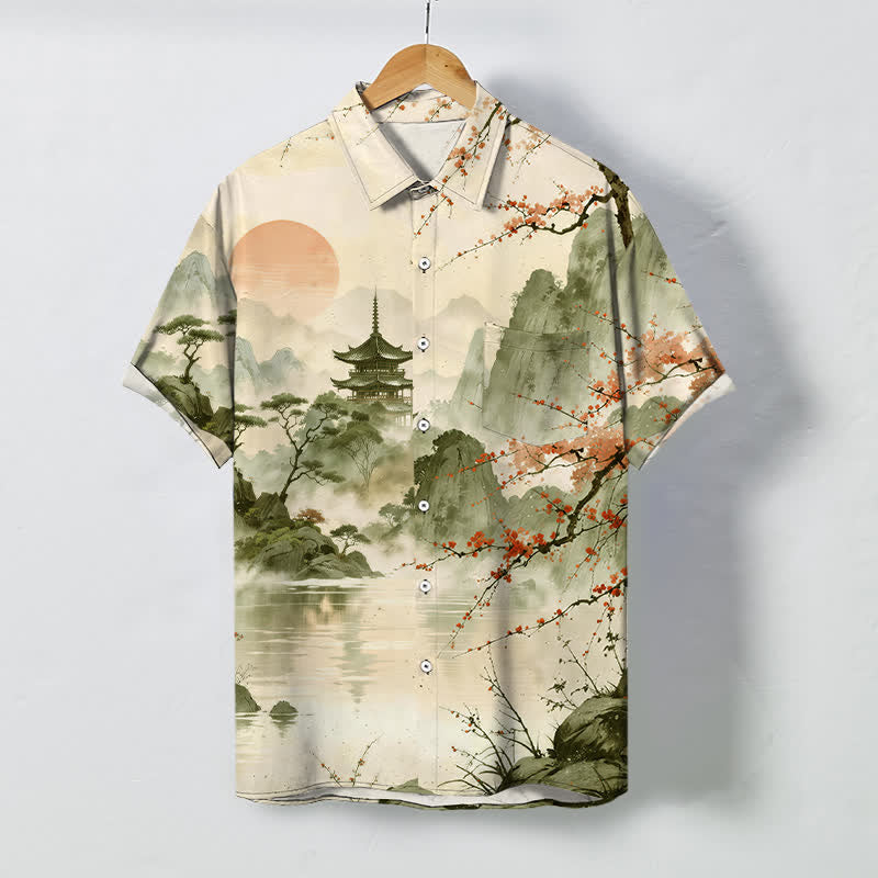Buddha Stones Ink Landscape Pavilion Blossom Pattern Buttons Breathable Men's Short Sleeve Shirt - Beige - US/UK/AU48，EU58 (4XL) - image 7