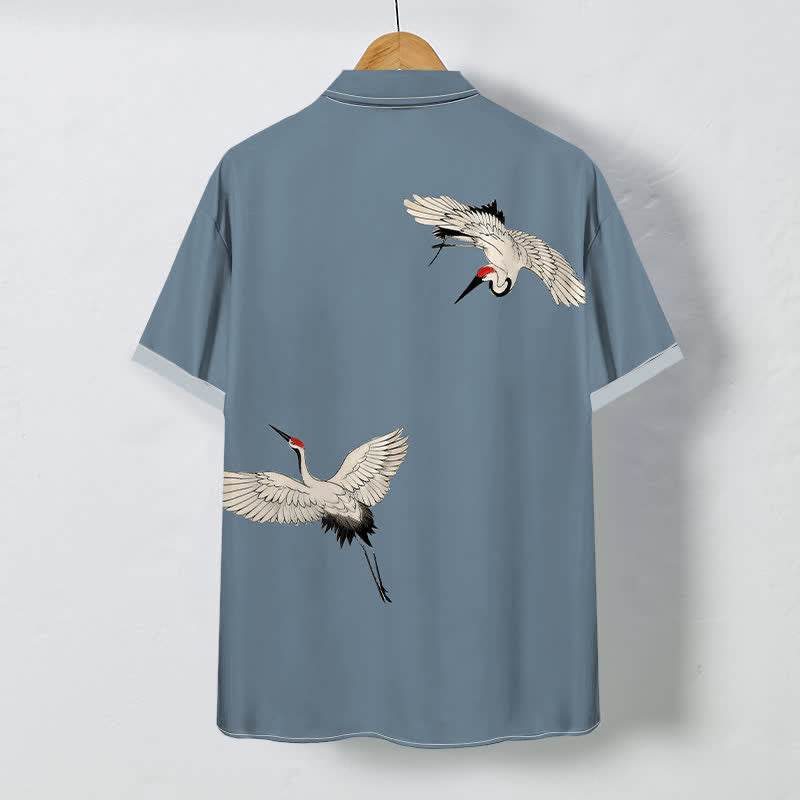 Buddha Stones Soaring White Crane Pattern Buttons Breathable Men's Short Sleeve Shirt - image 1