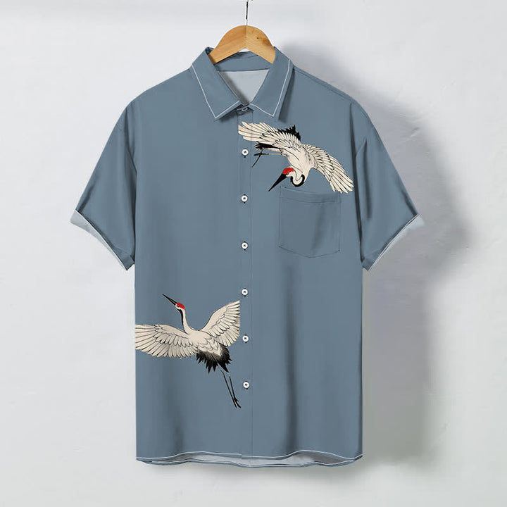Buddha Stones Soaring White Crane Pattern Buttons Breathable Men's Short Sleeve Shirt - LightSteelBlue - US/UK/AU48，EU58 (4XL) - image 0