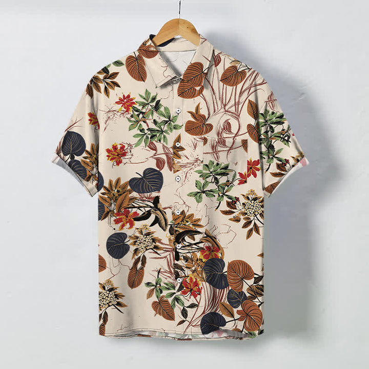 Buddha Stones Tropical Floral Leaf Pattern Buttons Breathable Men's Short Sleeve Shirt - Linen - US/UK/AU48，EU58 (4XL) - image 0