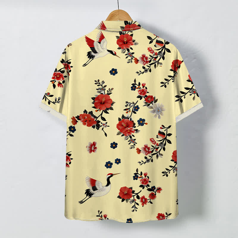 Buddha Stones Crane Blossom Branch Pattern Buttons Breathable Men's Short Sleeve Shirt - image 1