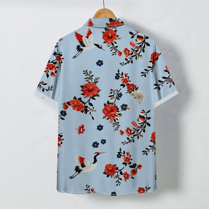Buddha Stones Crane Blossom Branch Pattern Buttons Breathable Men's Short Sleeve Shirt - image 4