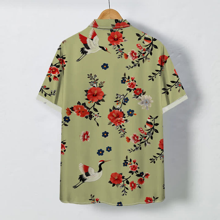 Buddha Stones Crane Blossom Branch Pattern Buttons Breathable Men's Short Sleeve Shirt - image 6