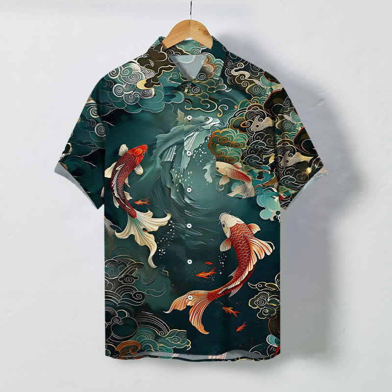 Buddha Stones Vintage Koi Fish Wave Cloud Pattern Buttons Breathable Men's Short Sleeve Shirt - Teal - US/UK/AU48，EU58 (4XL) - image 0