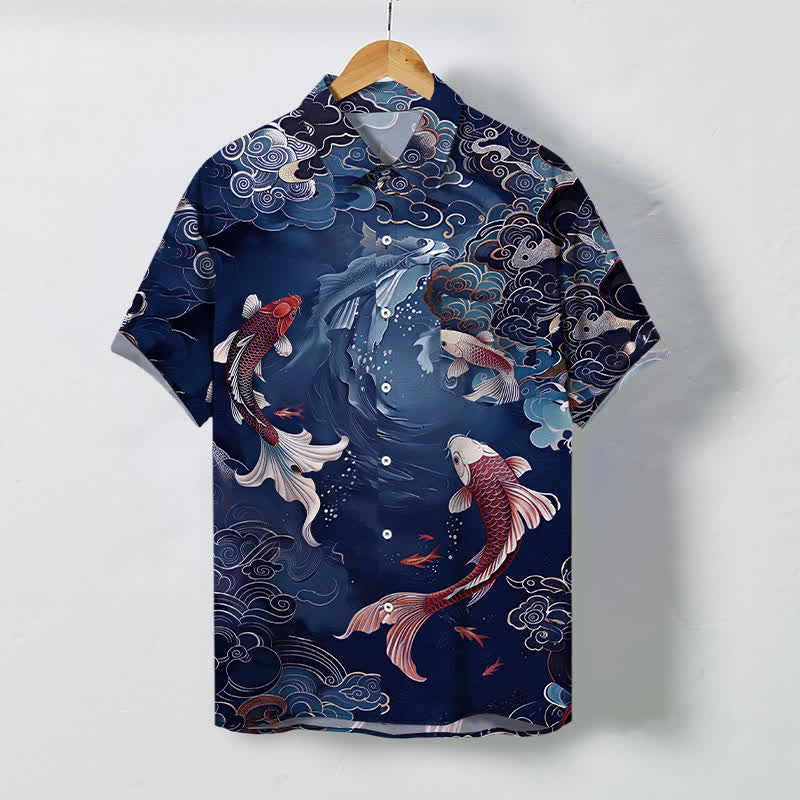 Buddha Stones Vintage Koi Fish Wave Cloud Pattern Buttons Breathable Men's Short Sleeve Shirt - Navy - US/UK/AU48，EU58 (4XL) - image 7