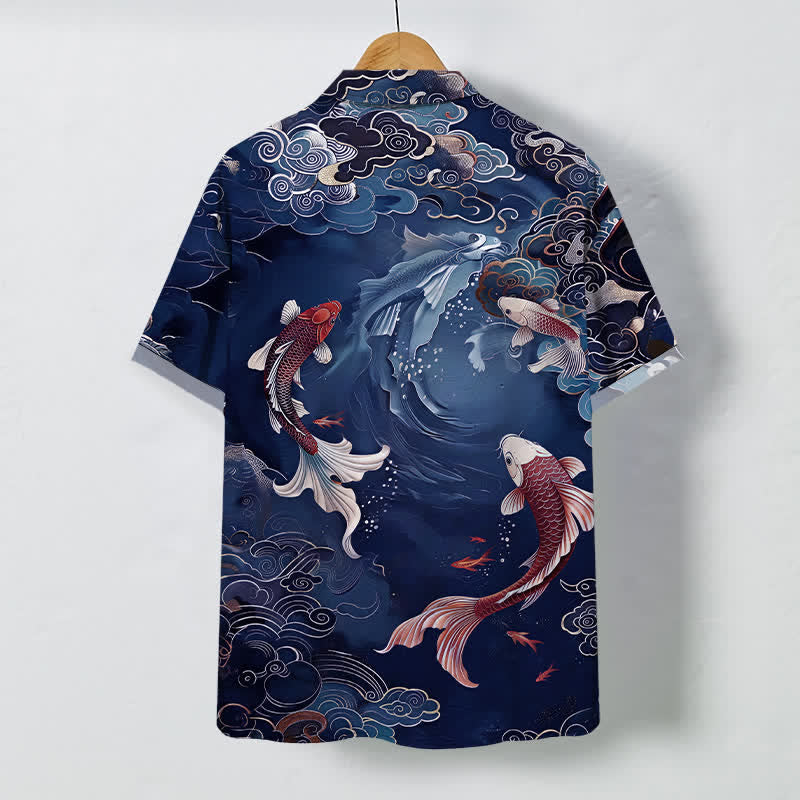 Buddha Stones Vintage Koi Fish Wave Cloud Pattern Buttons Breathable Men's Short Sleeve Shirt - image 8