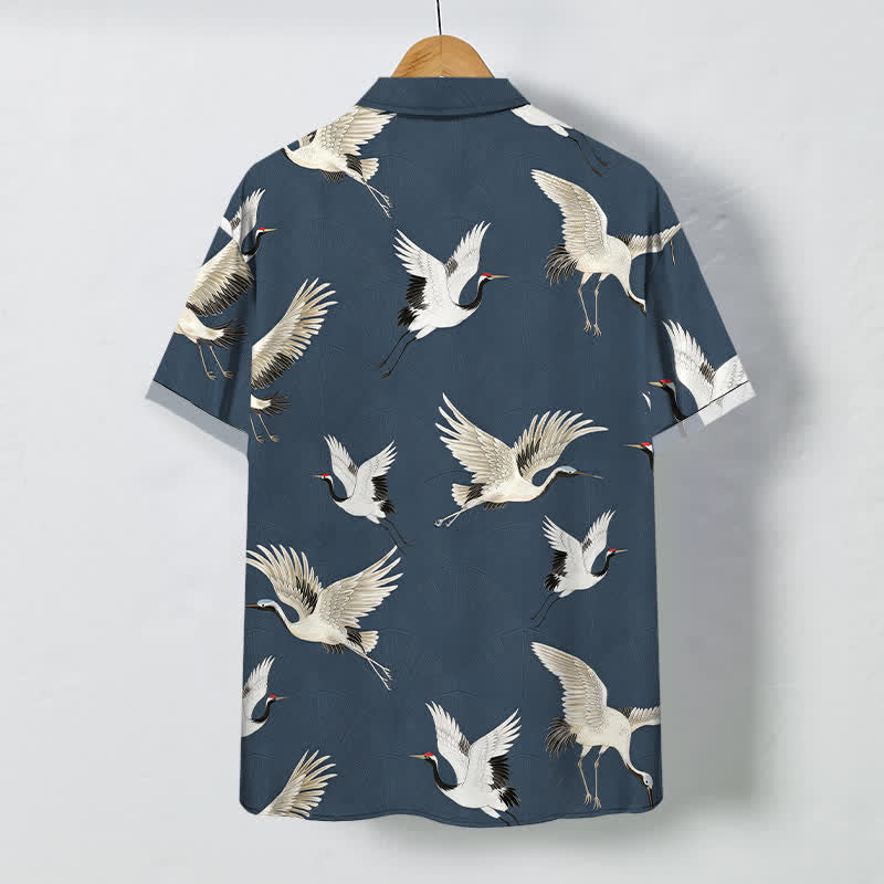 Buddha Stones White Crane Bird Pattern Buttons Breathable Men's Short Sleeve Shirt - image 1