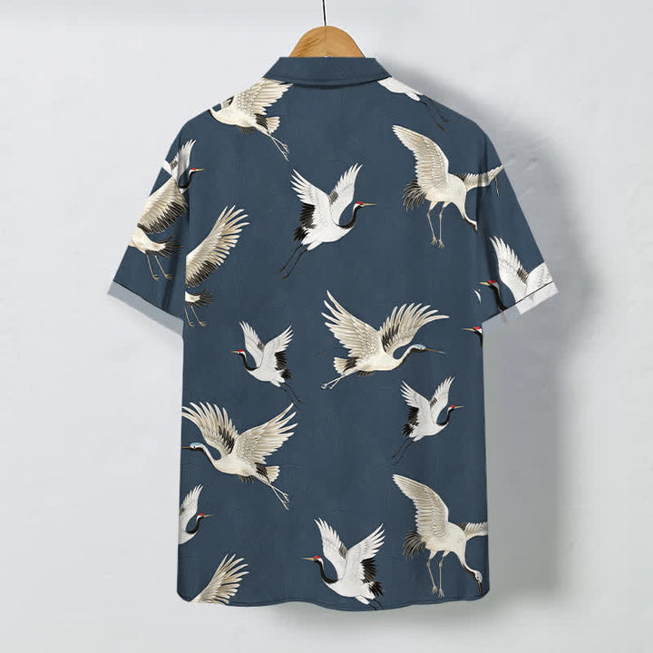 Buddha Stones White Crane Bird Pattern Buttons Breathable Men's Short Sleeve Shirt - image 1