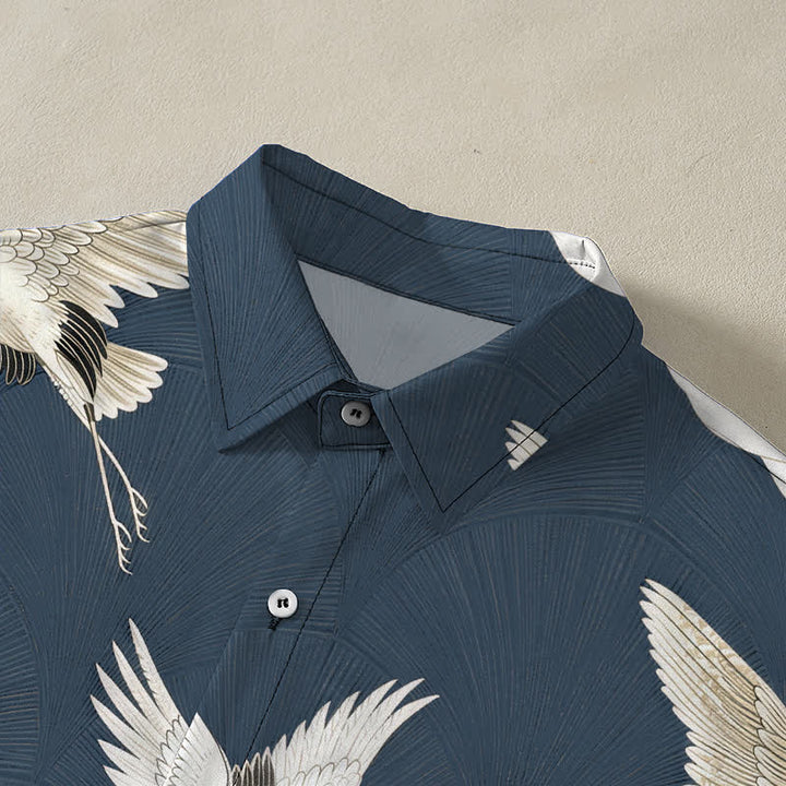 Buddha Stones White Crane Bird Pattern Buttons Breathable Men's Short Sleeve Shirt - image 2