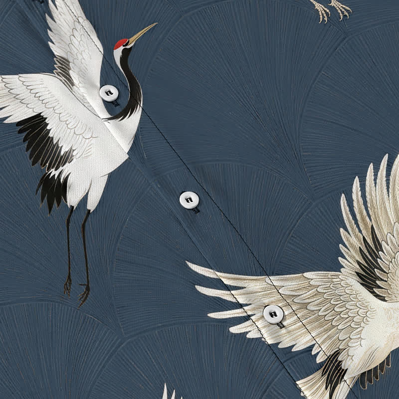 Buddha Stones White Crane Bird Pattern Buttons Breathable Men's Short Sleeve Shirt - image 3