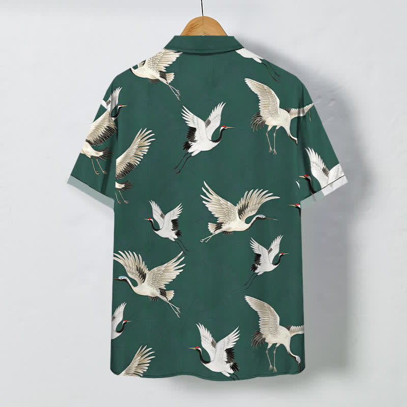 Buddha Stones White Crane Bird Pattern Buttons Breathable Men's Short Sleeve Shirt - image 8