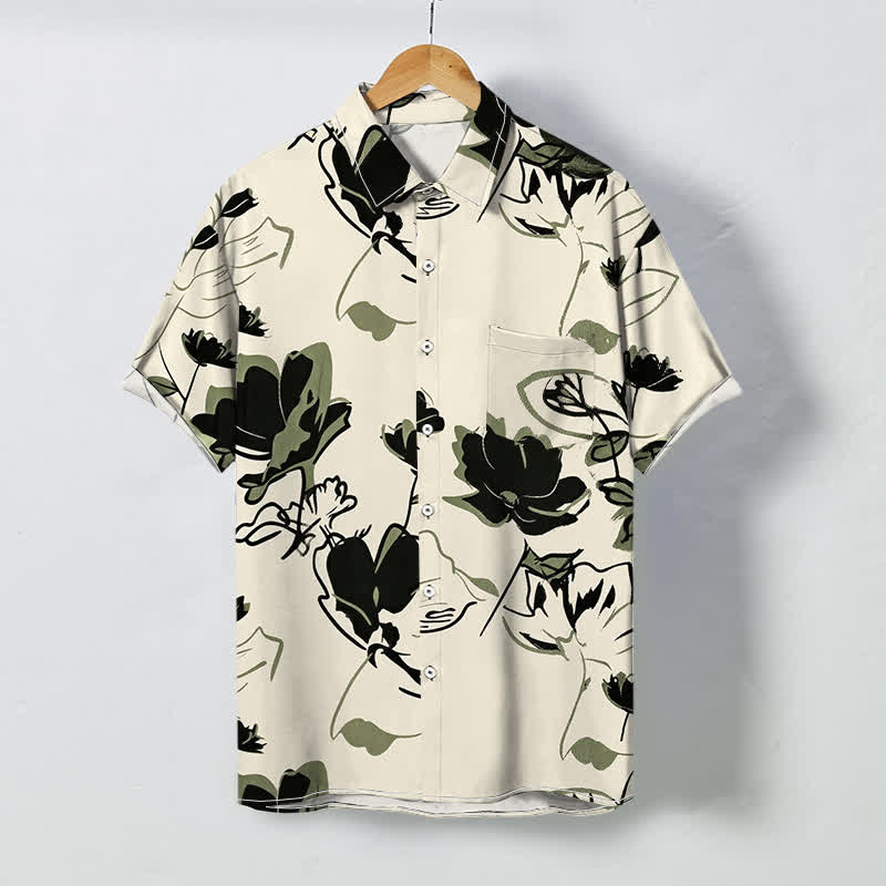 Buddha Stones Abstract Floral Botanical Pattern Buttons Breathable Men's Short Sleeve Shirt - Beige - US/UK/AU48，EU58 (4XL) - image 0