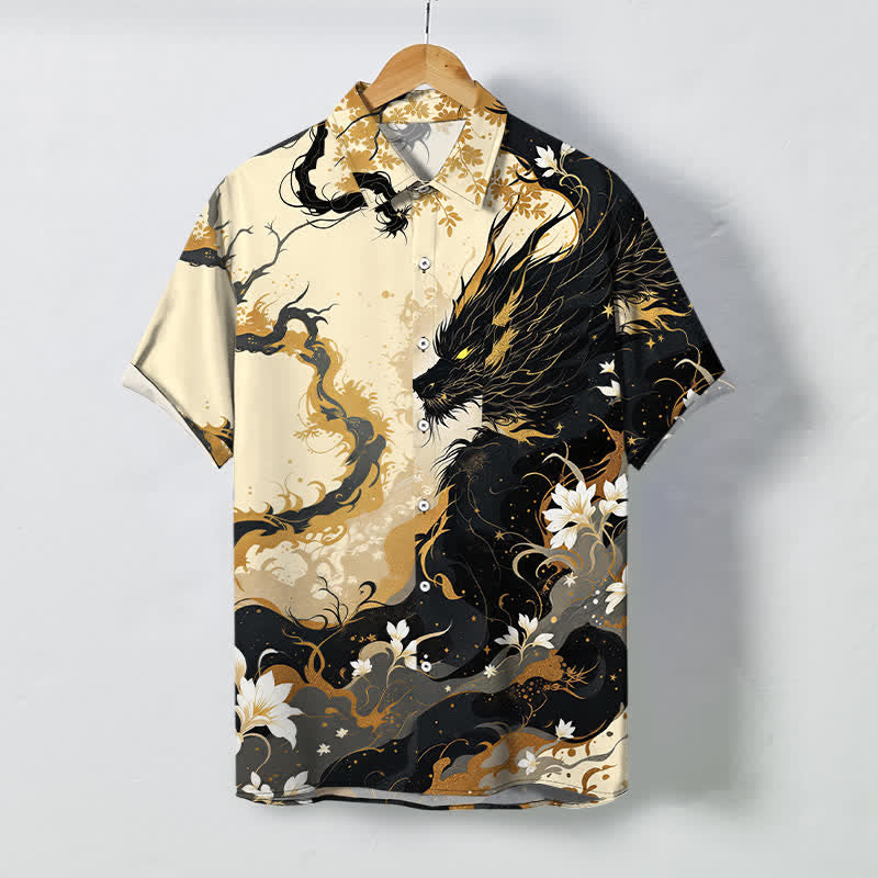 Buddha Stones Golden Dragon Cloud Floral Pattern Buttons Breathable Men's Short Sleeve Shirt - AntiqueWhite - US/UK/AU48，EU58 (4XL) - image 0