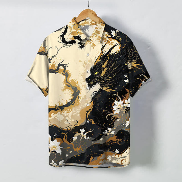 Buddha Stones Golden Dragon Cloud Floral Pattern Buttons Breathable Men's Short Sleeve Shirt - AntiqueWhite - US/UK/AU48，EU58 (4XL) - image 0