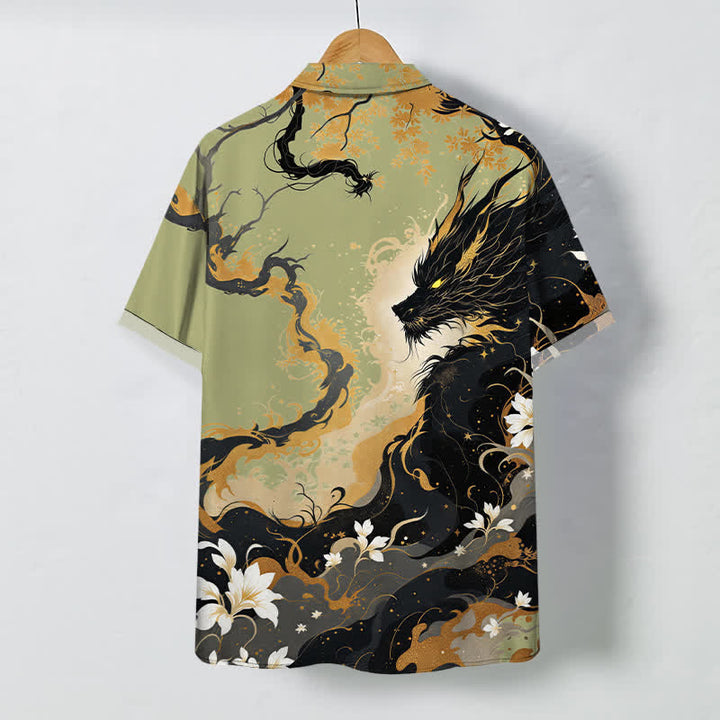 Buddha Stones Golden Dragon Cloud Floral Pattern Buttons Breathable Men's Short Sleeve Shirt - image 8