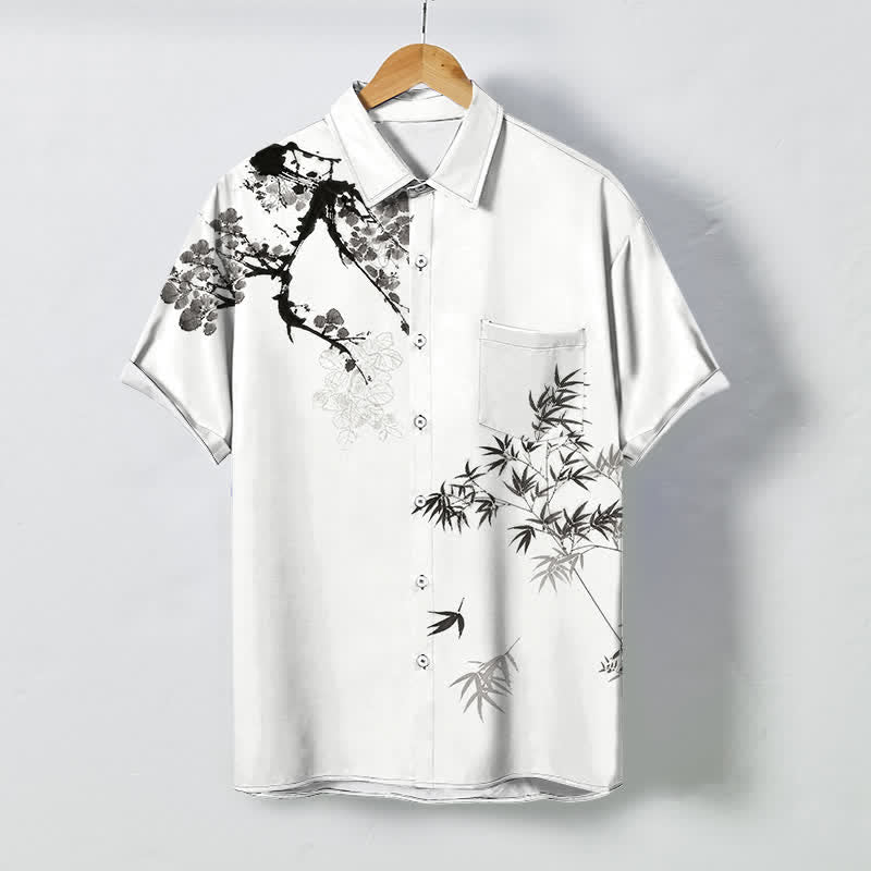 Buddha Stones Ink Bamboo Leaf Tree Branches Pattern Buttons Breathable Men's Short Sleeve Shirt - White - US/UK/AU48，EU58 (4XL) - image 0