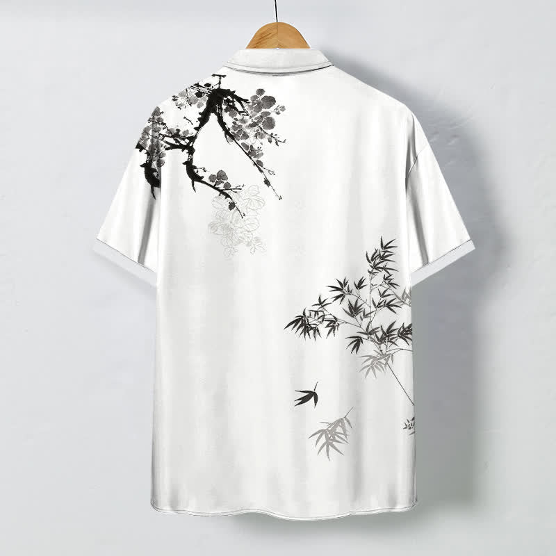 Buddha Stones Ink Bamboo Leaf Tree Branches Pattern Buttons Breathable Men's Short Sleeve Shirt - image 1
