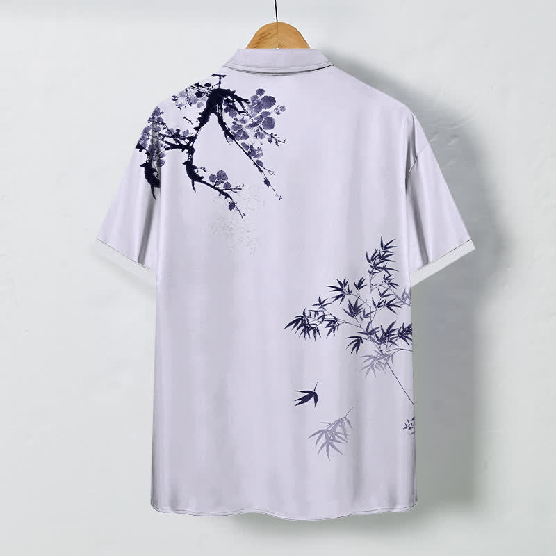 Buddha Stones Ink Bamboo Leaf Tree Branches Pattern Buttons Breathable Men's Short Sleeve Shirt - image 4