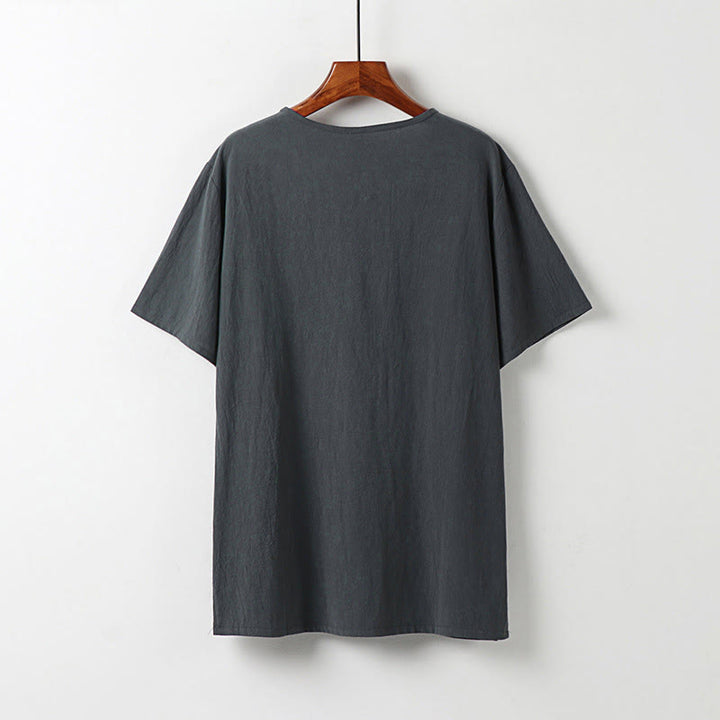 Buddha Stones Summer Tang Style Frog Button Auspicious Clouds Embroidery Solid Men's Short Sleeve Shirts - image 2