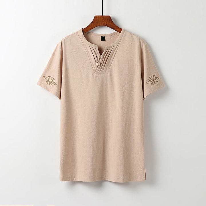 Buddha Stones Summer Tang Style Frog Button Auspicious Clouds Embroidery Solid Men's Short Sleeve Shirts - Wheat - US/UK/AU54, EU64 (9XL) - image 0
