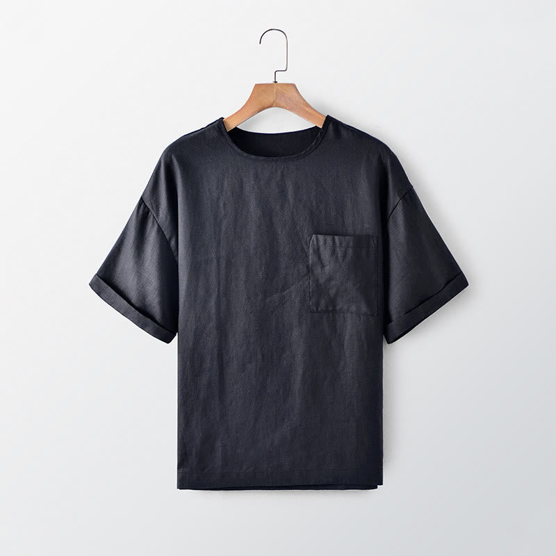 Buddha Stones Summer Casual Minimalist Solid Crew Neck Men's Short Sleeve T-Shirts With Patch Pocket - Black - US/UK/AU44, EU54 (3XL) - image 0