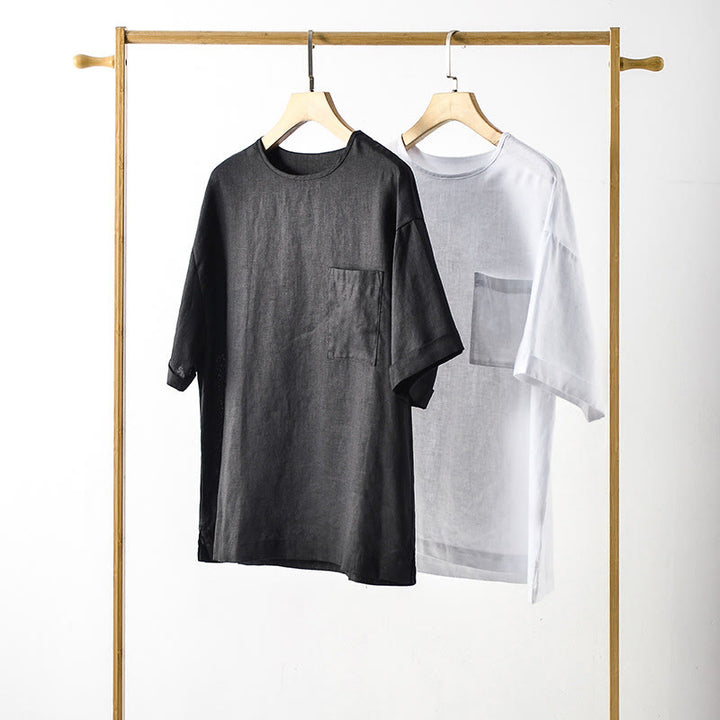 Buddha Stones Summer Casual Minimalist Solid Crew Neck Men's Short Sleeve T-Shirts With Patch Pocket - image 1