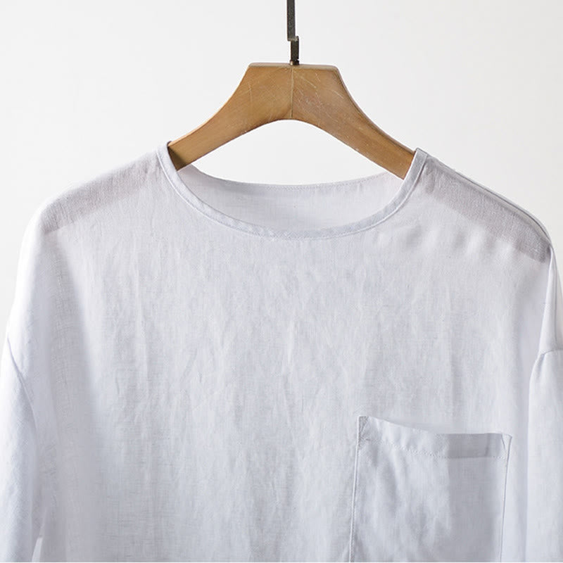 Buddha Stones Summer Casual Minimalist Solid Crew Neck Men's Short Sleeve T-Shirts With Patch Pocket - image 7