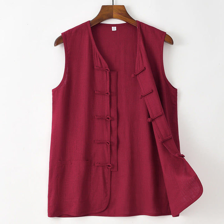 Buddha Stones Summer Tang Style Casual Frog Button Solid Tank Top Men's Sleeveless Shirts With Pocket - Firebrick - US/UK/AU48, EU58 (4XL) - image 5