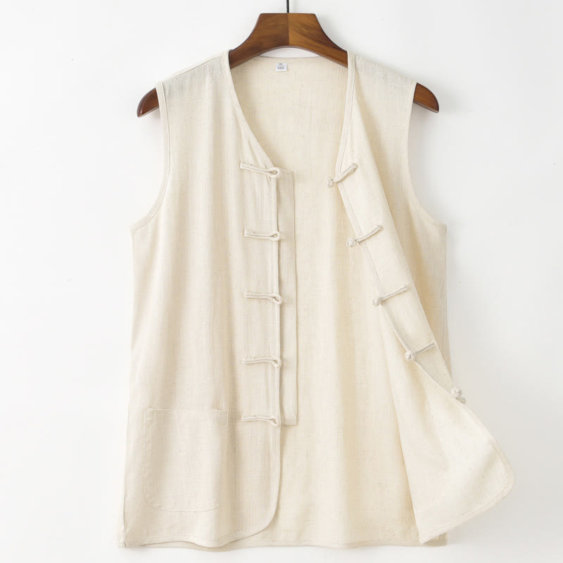 Buddha Stones Summer Tang Style Casual Frog Button Solid Tank Top Men's Sleeveless Shirts With Pocket - Beige - US/UK/AU48, EU58 (4XL) - image 2